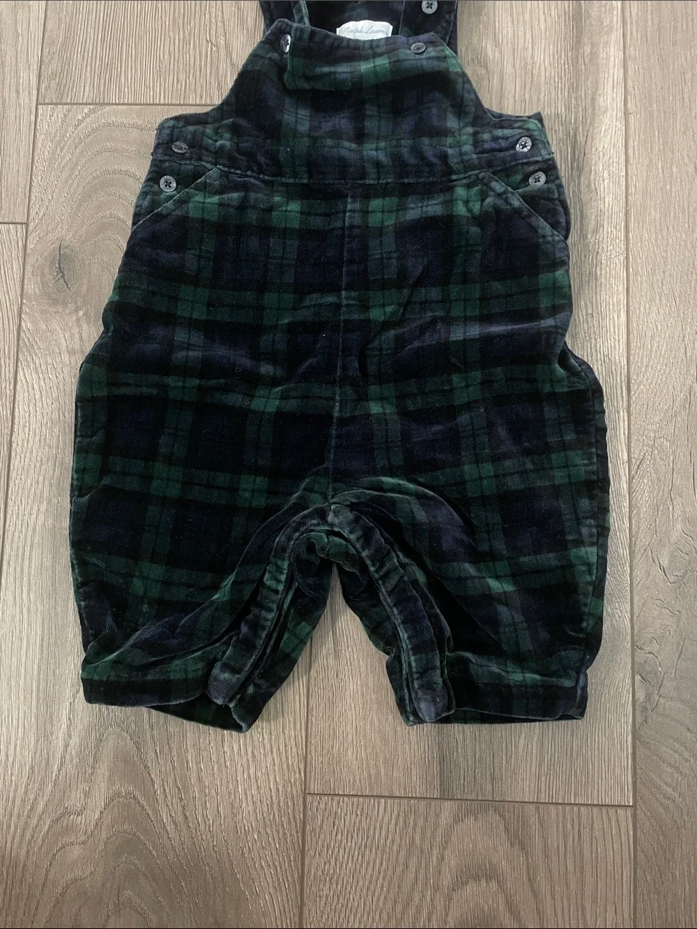 Ralph Lauren Baby Green & Black Plaid Velvet Overalls Sz:6-9M